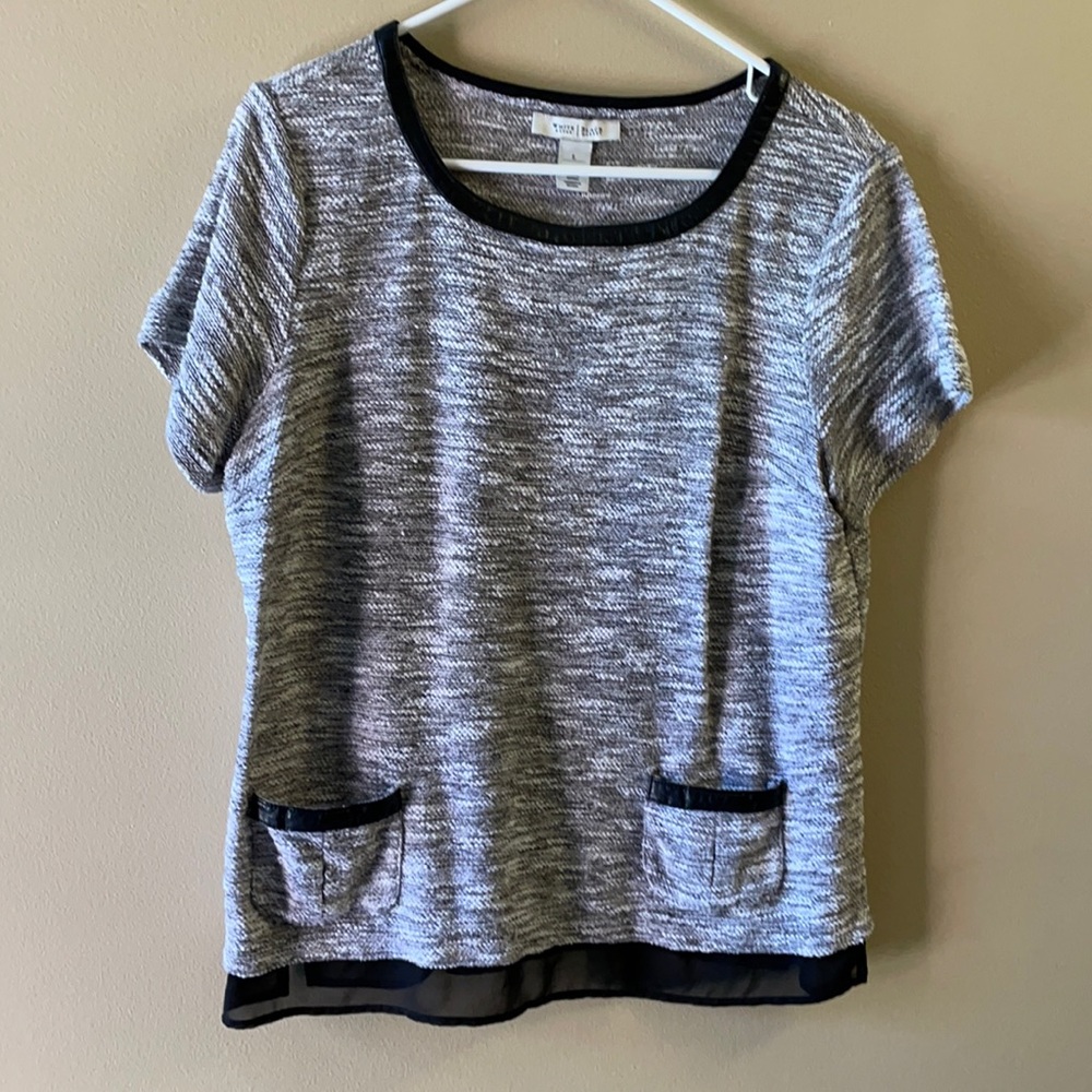 WHBM gray heatherd blouse w/leather trim